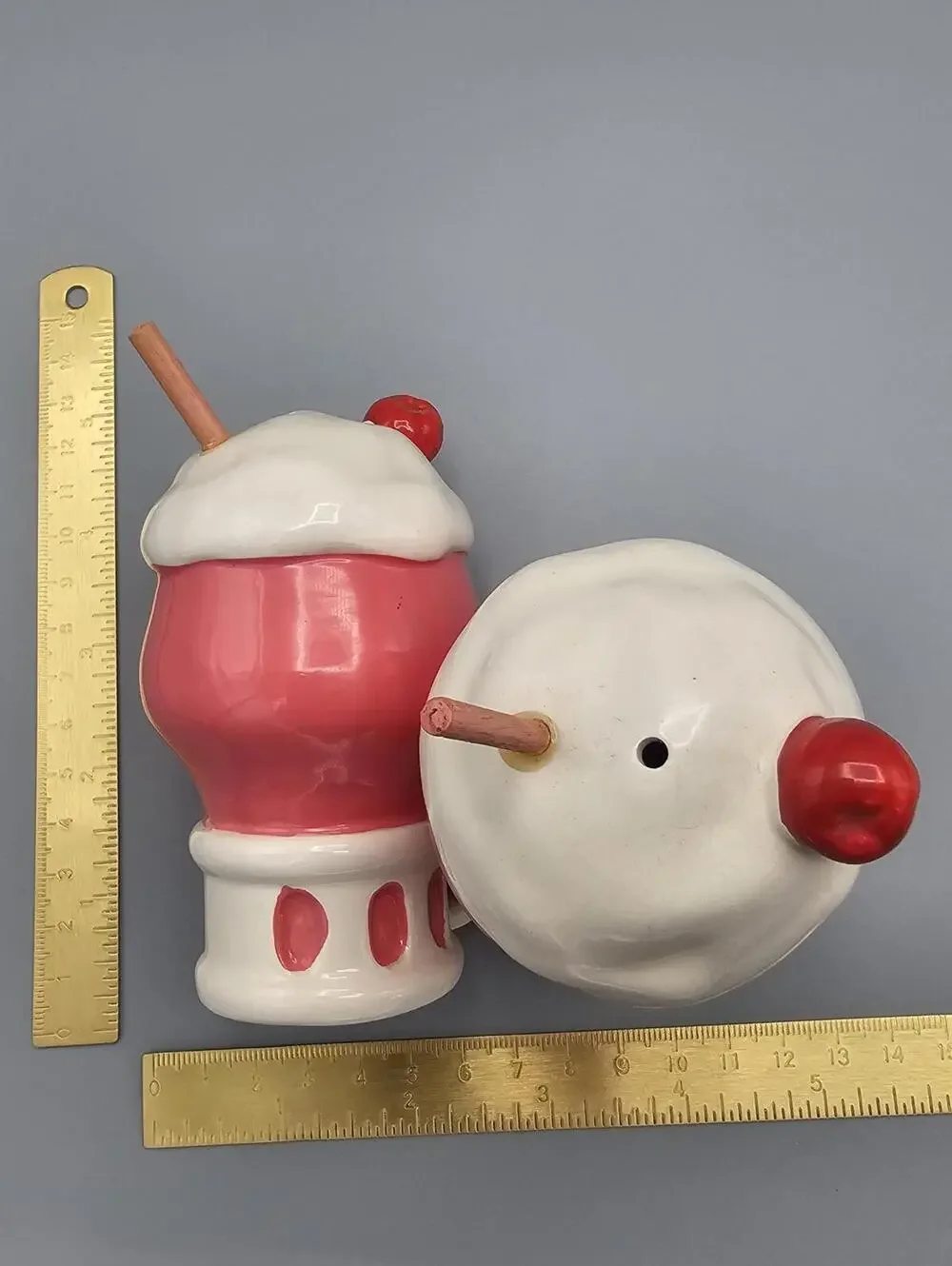 Vintage Lego Ceramic Salt and Pepper Shakers - Strawberry Milkshake Design